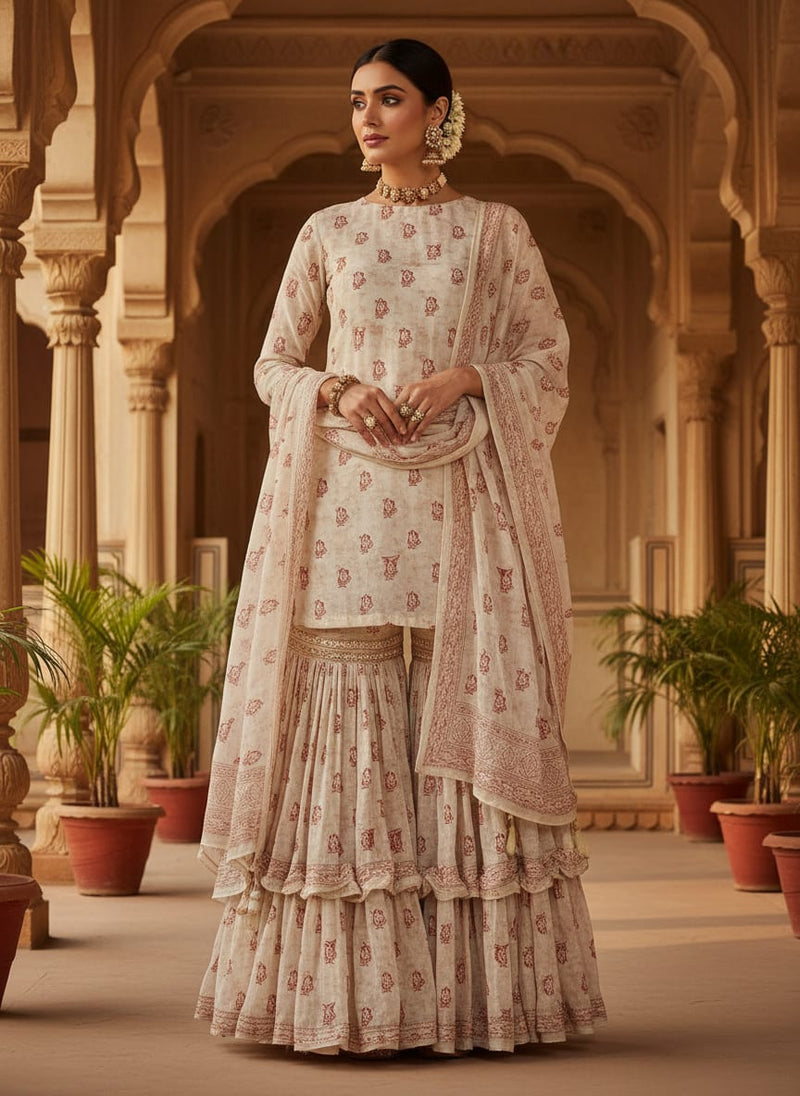 Quirky Red Fish Print on Off White Chanderi Fabric