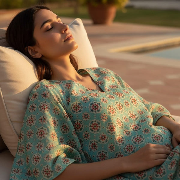 Sea Green Ethnic Medallion Floral Print Chanderi Fabric - alternate view