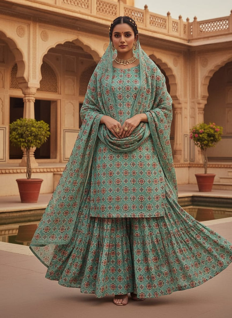 Sea Green Ethnic Medallion Floral Print Chanderi Fabric