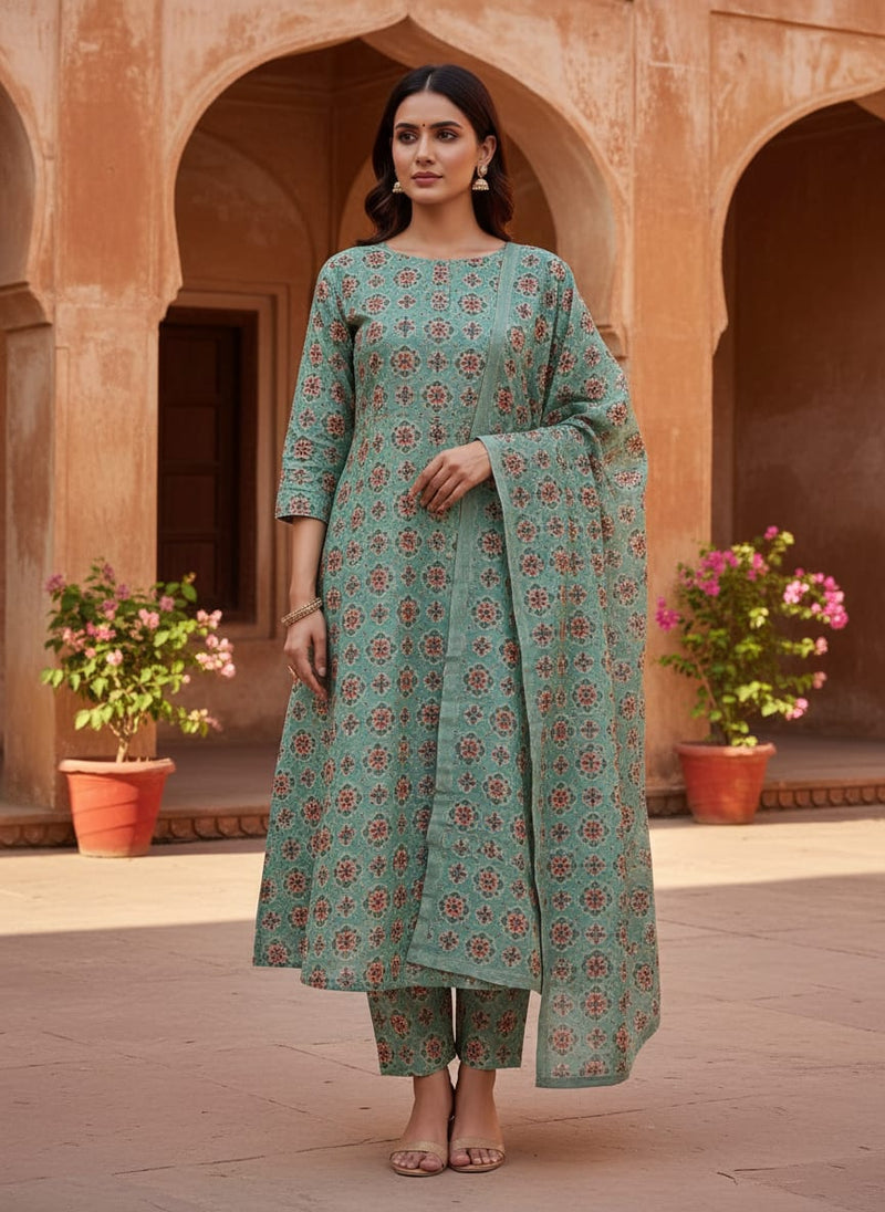 Sea Green Ethnic Medallion Floral Print Chanderi Fabric