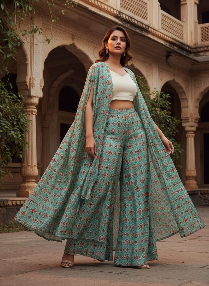Sea Green Ethnic Medallion Floral Print Chanderi Fabric