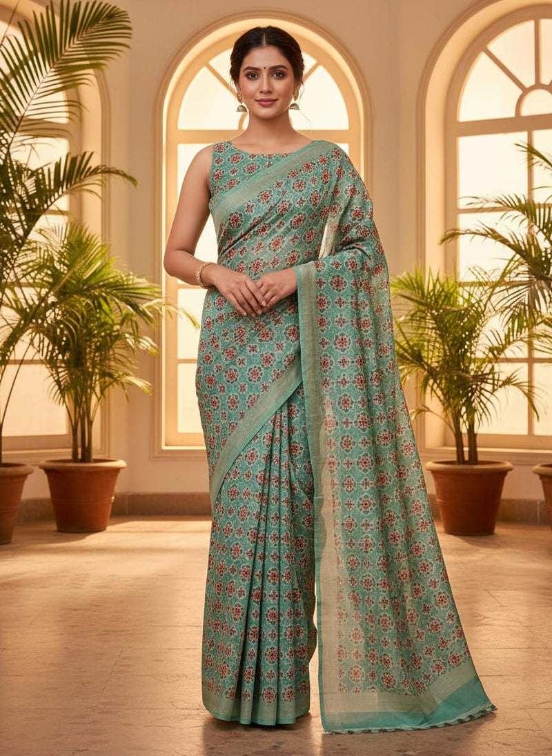 Sea Green Ethnic Medallion Floral Print Chanderi Fabric