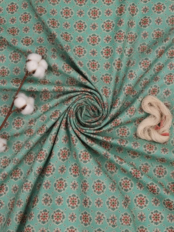 Sea Green Ethnic Medallion Floral Print Chanderi Fabric