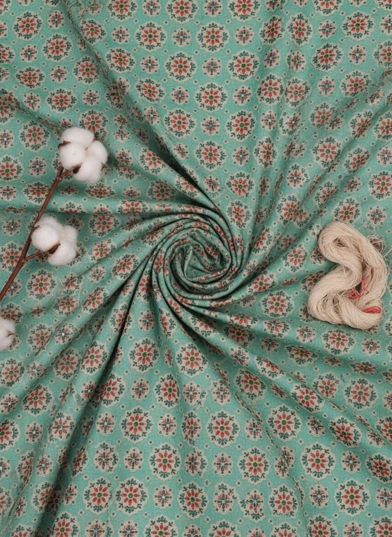 Sea Green Ethnic Medallion Floral Print Chanderi Fabric