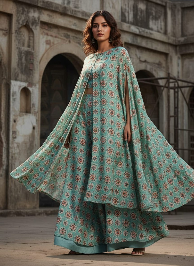 Sea Green Ethnic Medallion Floral Print Chanderi Fabric