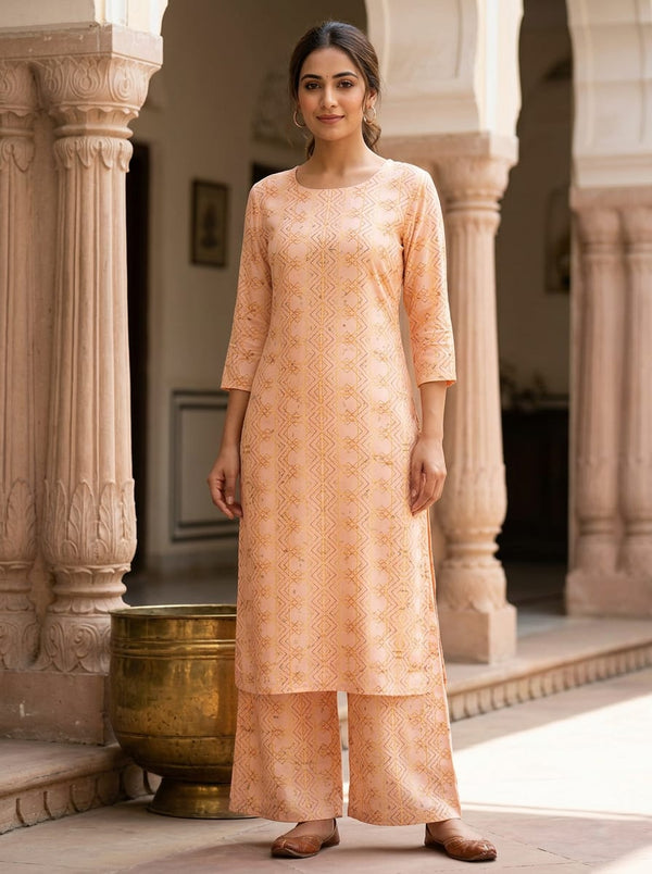Peach & Orange Geometric Abstract Line Art Rayon Fabric - Straight Kurta with Palazzo Lookbook - RA-0-TA05648-114 - alternate view