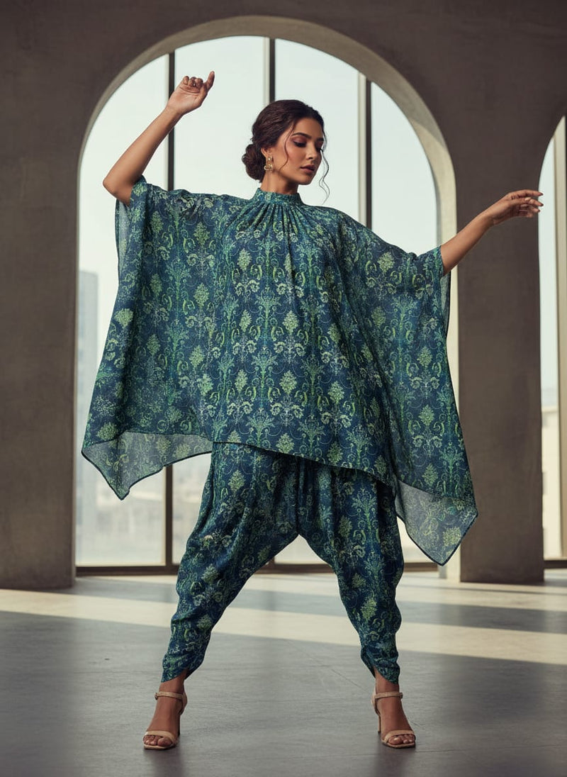 Teal and Lime Green Damask Patterned Rayon Fabric