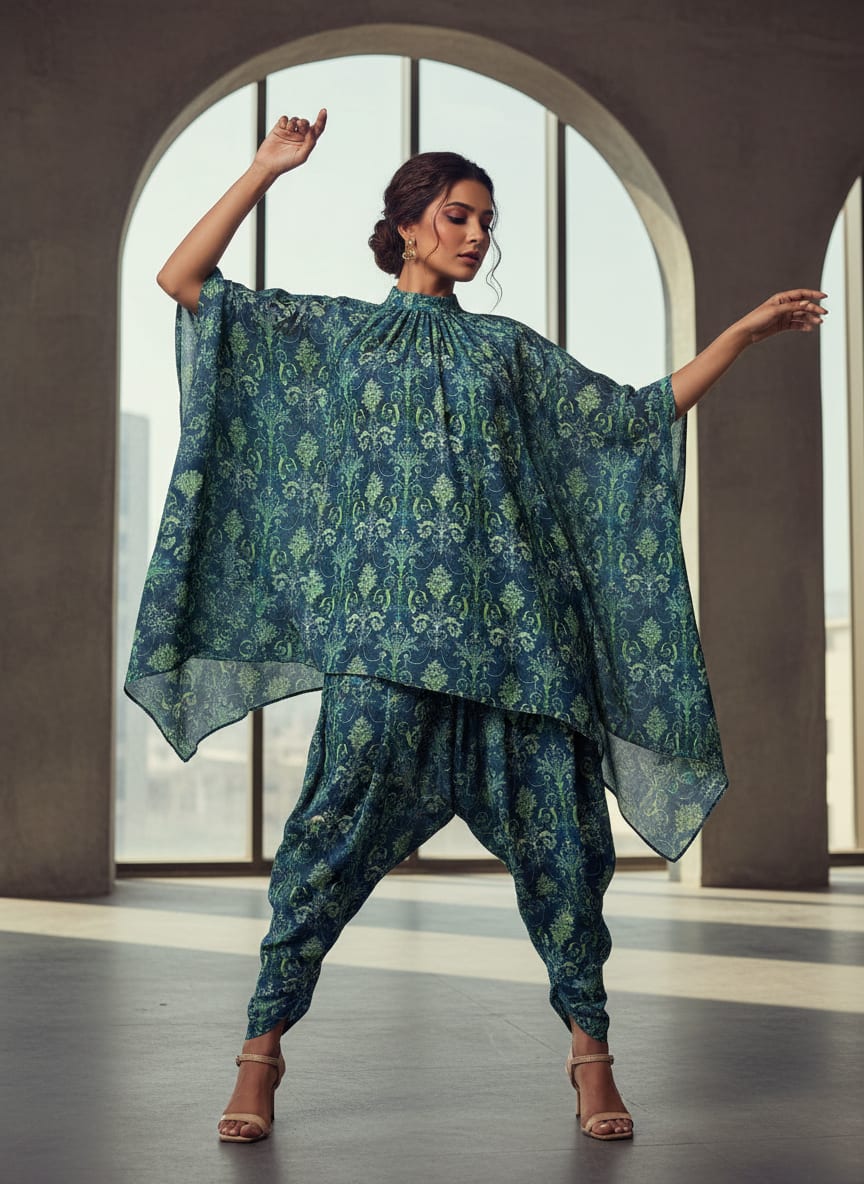 Teal and Lime Green Damask Patterned Rayon Fabric