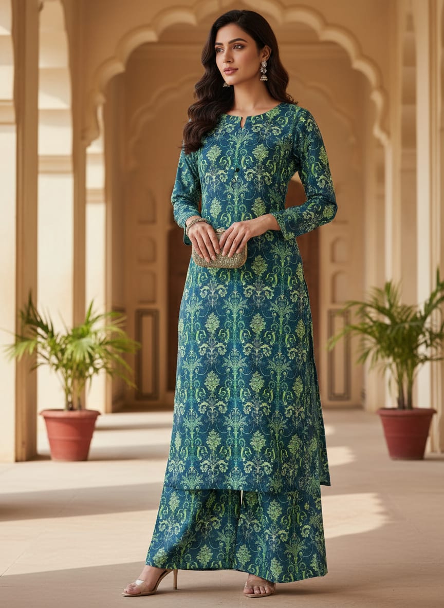 Teal and Lime Green Damask Patterned Rayon Fabric