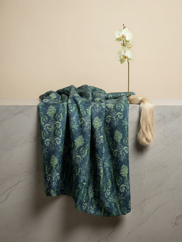 Teal and Lime Green Damask Patterned Rayon Fabric