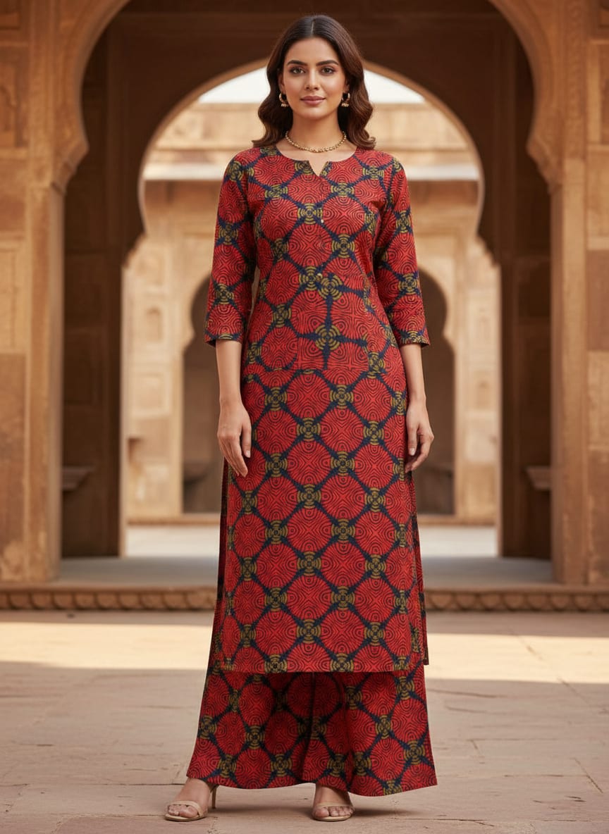Red & Navy Blue Geometric Ethnic Motif Rayon Fabric