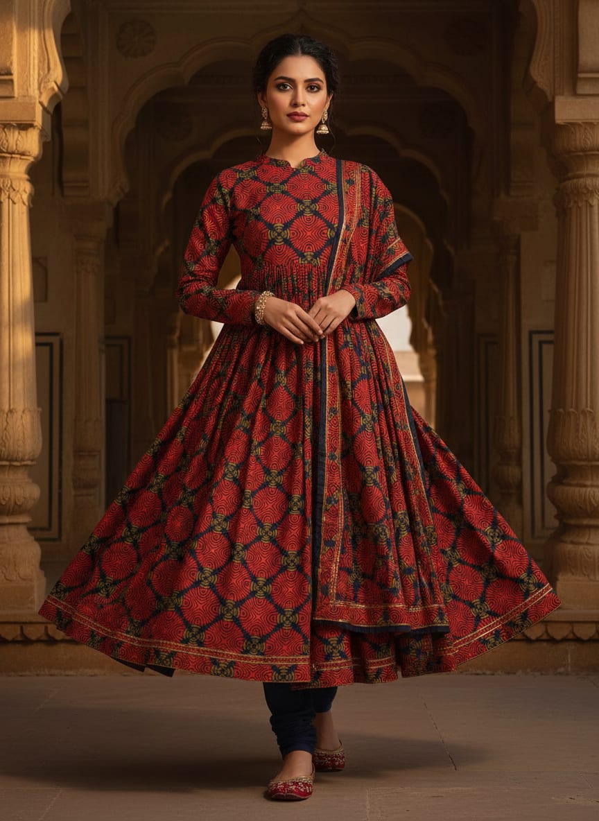 Red & Navy Blue Geometric Ethnic Motif Rayon Fabric
