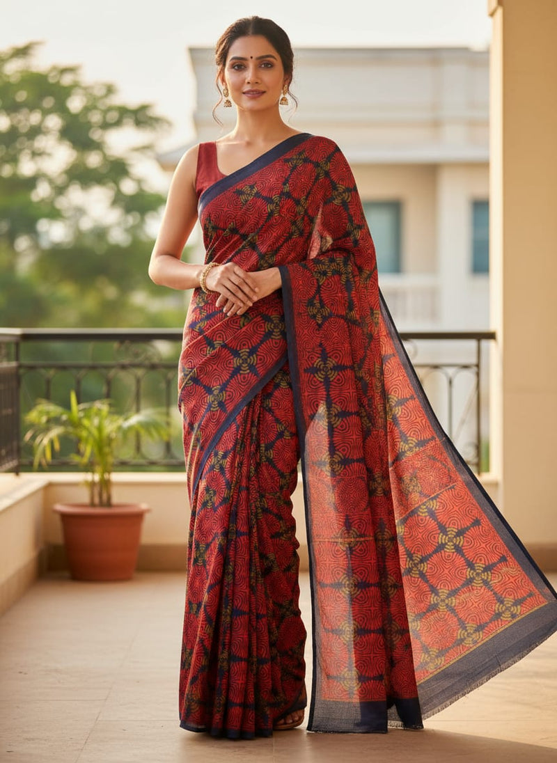 Red & Navy Blue Geometric Ethnic Motif Rayon Fabric