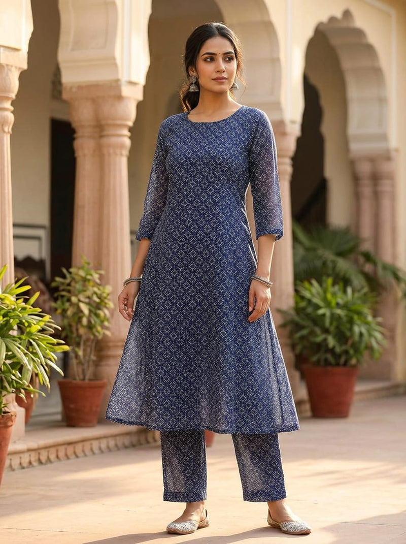 Navy Ethnic Geometric Starburst Chanderi Digital Printed Fabric