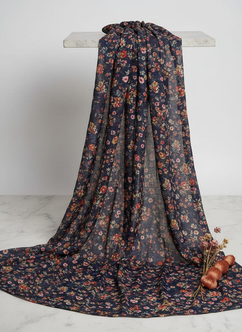 Vintage Ditsy Floral Garden Navy Blue Muslin Fabric