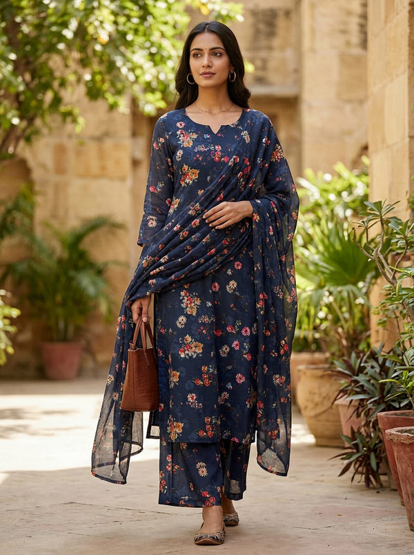 Navy Scattered Wildflower Floral Muslin Digital Printed Fabric - Straight Kurta with Palazzo Lookbook - MU-0-MA023697-114 - alternate view