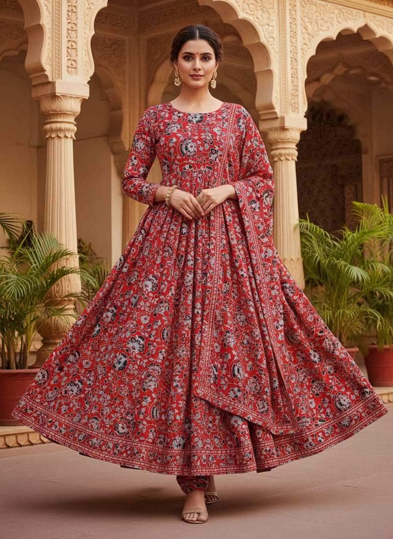 Vibrant Red Floral Jaipuri Style Printed Rayon Fabric