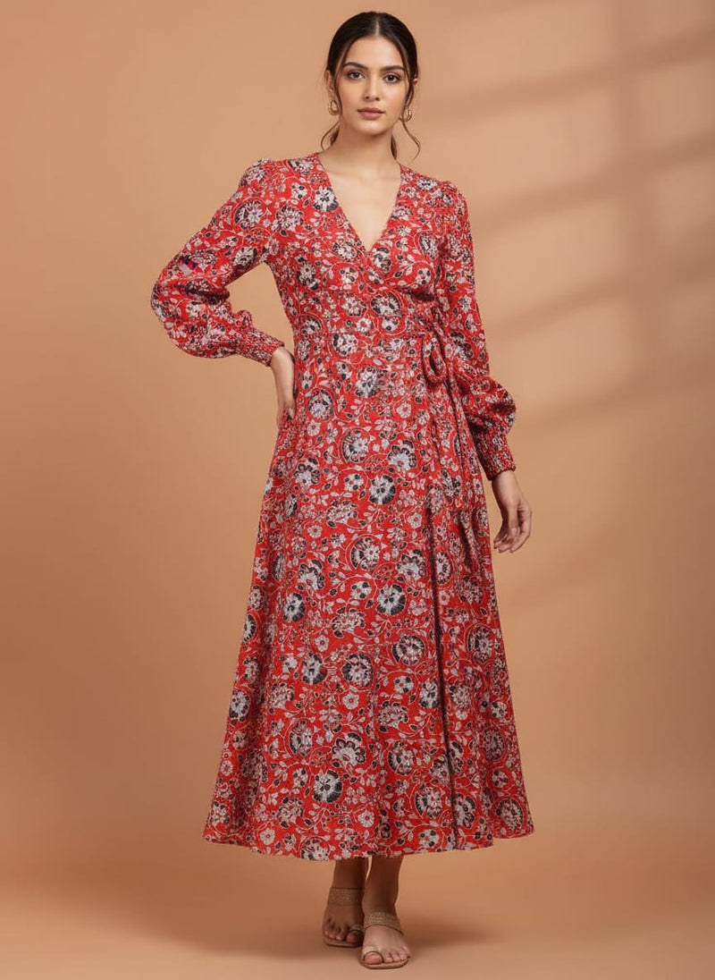 Vibrant Red Floral Jaipuri Style Printed Rayon Fabric