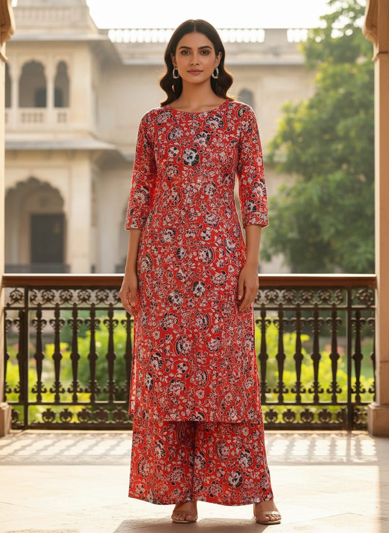Vibrant Red Floral Jaipuri Style Printed Rayon Fabric