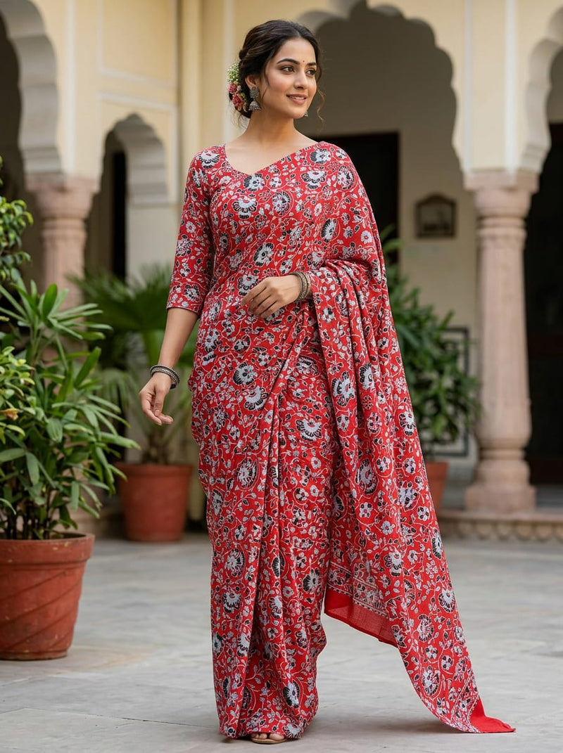 Vibrant Red Floral Jaipuri Style Printed Rayon Fabric