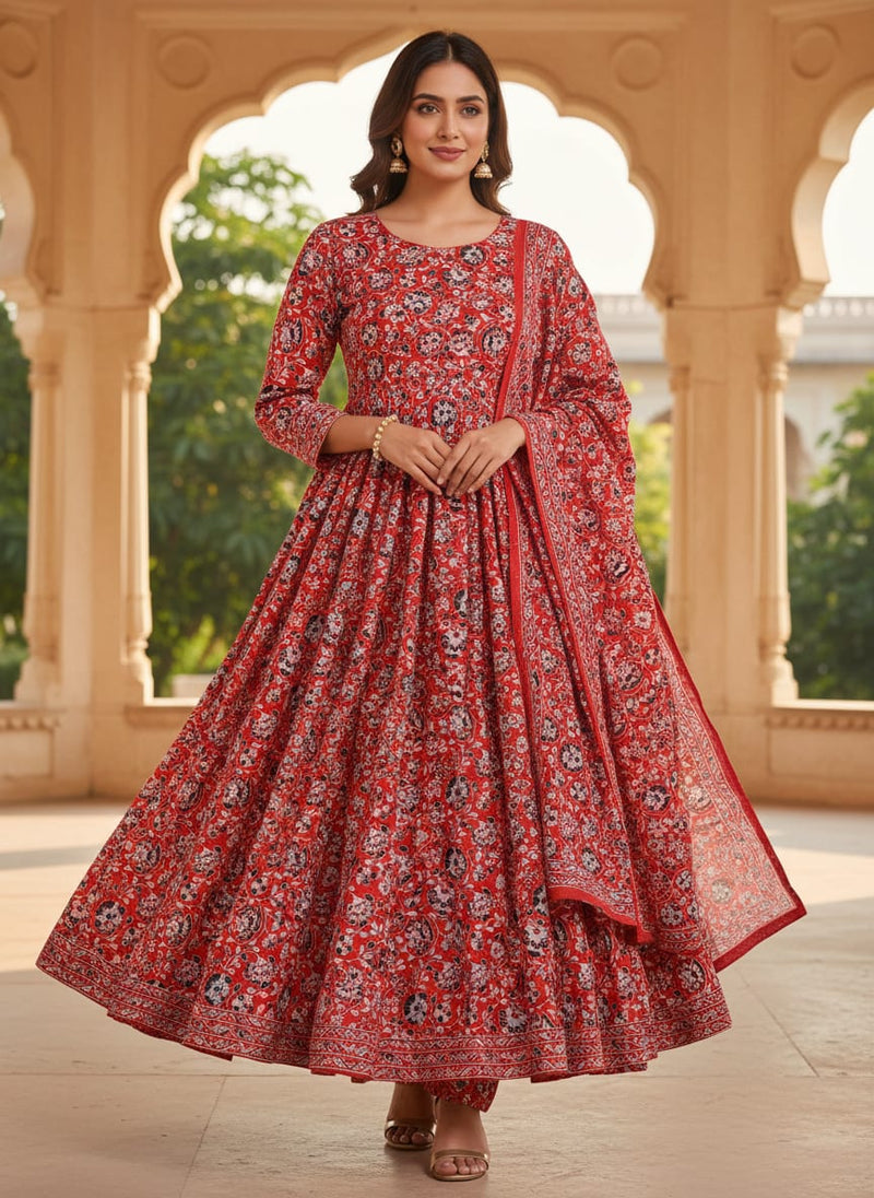 Vibrant Red Floral Jaipuri Style Printed Rayon Fabric