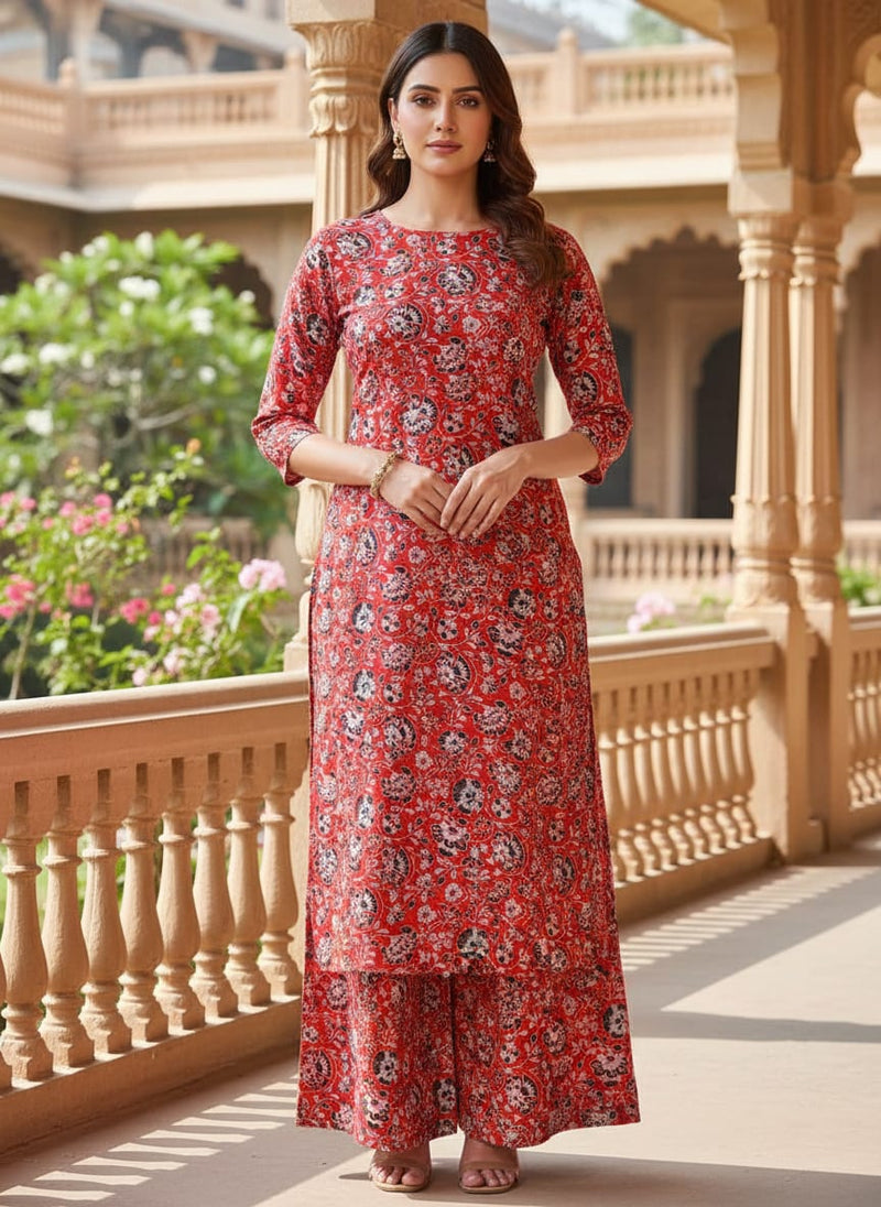 Vibrant Red Floral Jaipuri Style Printed Rayon Fabric