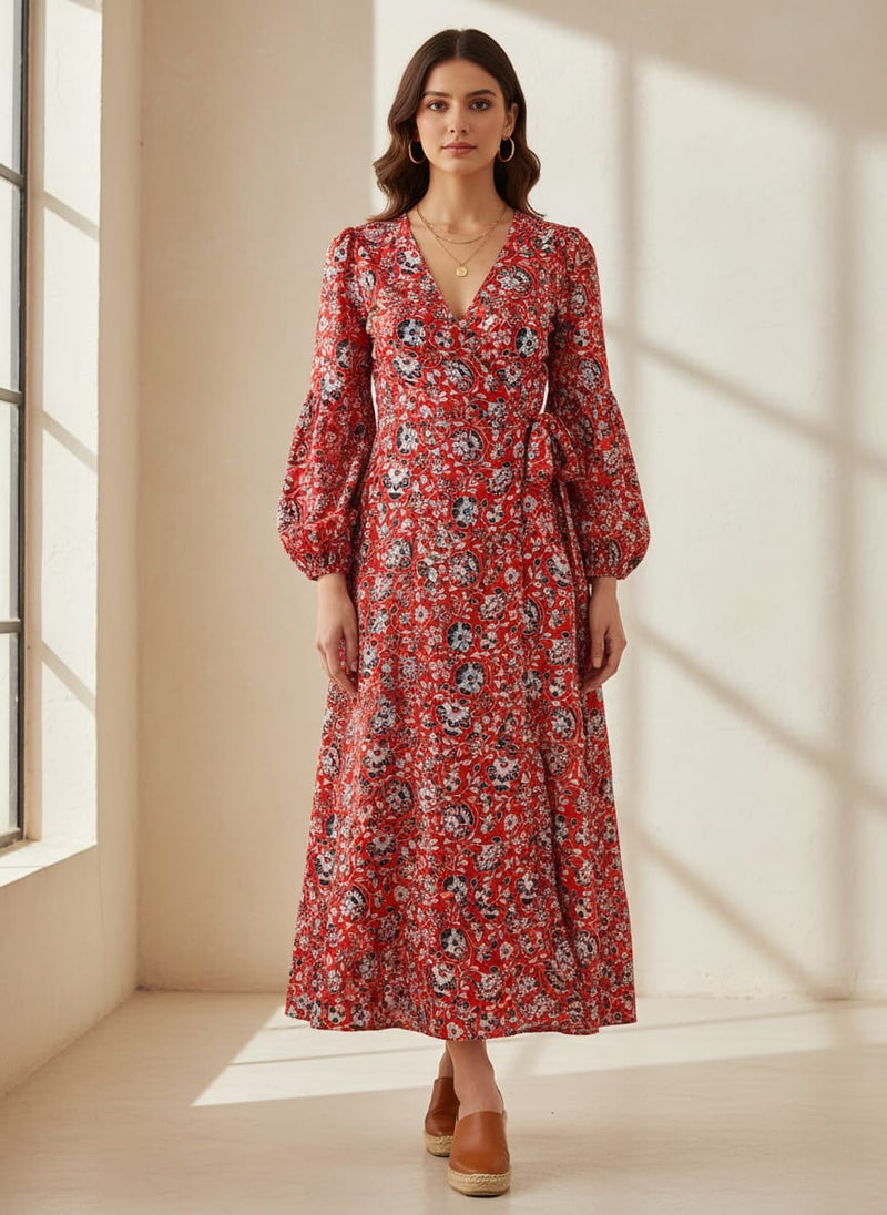 Vibrant Red Floral Jaipuri Style Printed Rayon Fabric