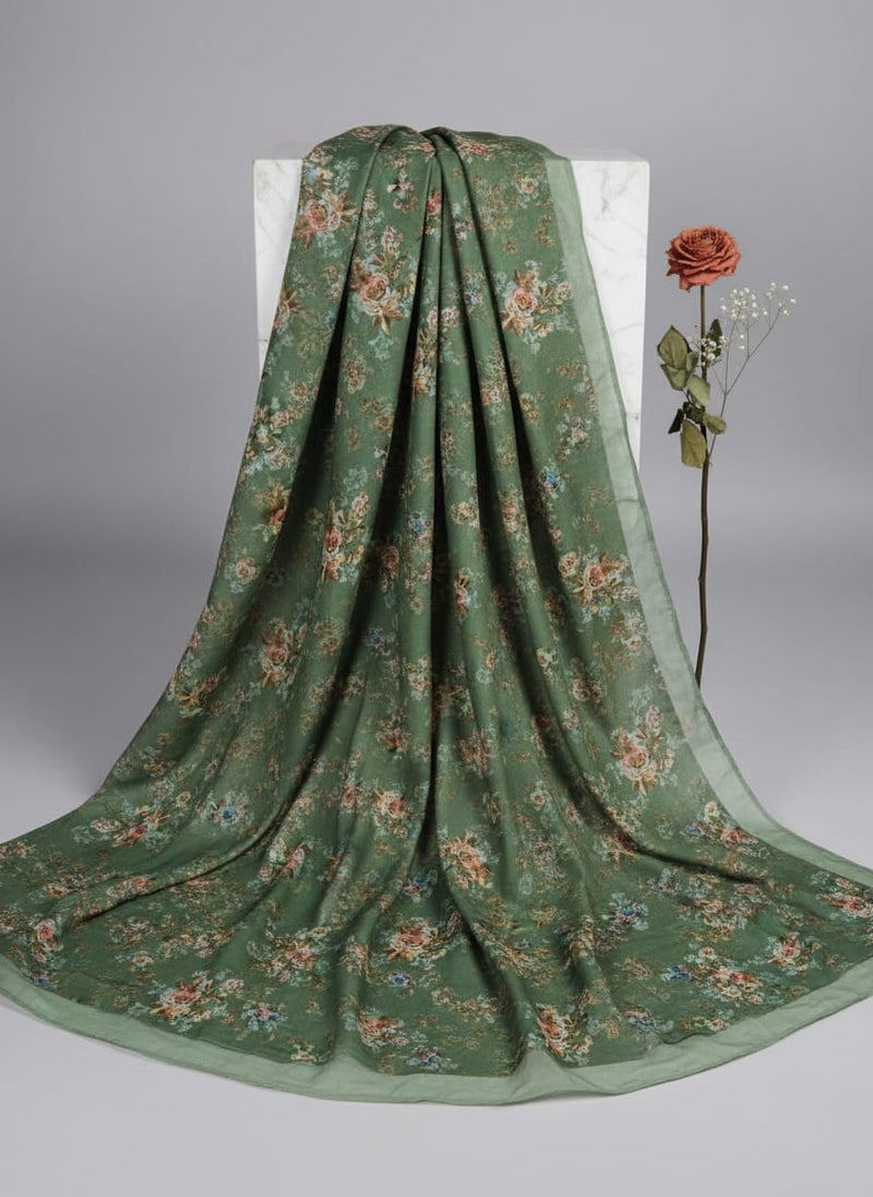 Vintage Rose Floral Print on Olive Green Muslin Fabric
