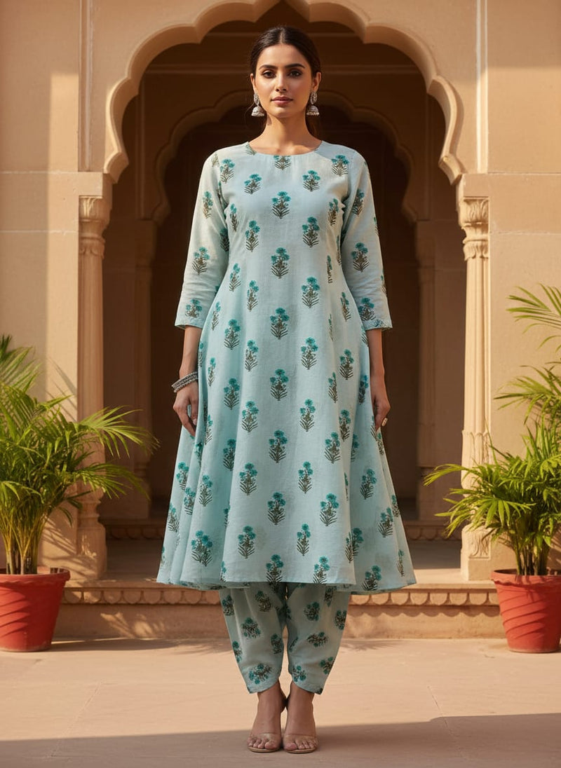 Turquoise Blue Floral Buti Printed Chanderi Fabric