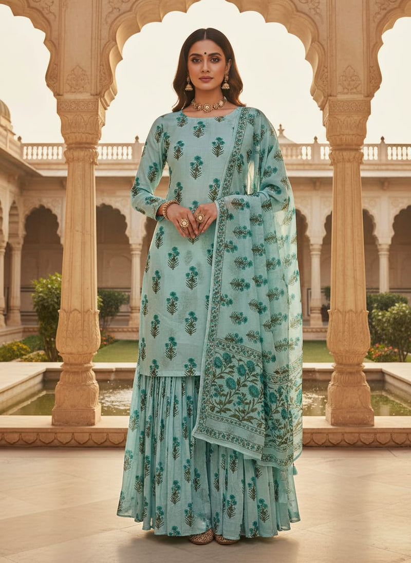Turquoise Blue Floral Buti Printed Chanderi Fabric