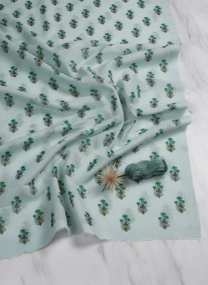 Turquoise Blue Floral Buti Printed Chanderi Fabric