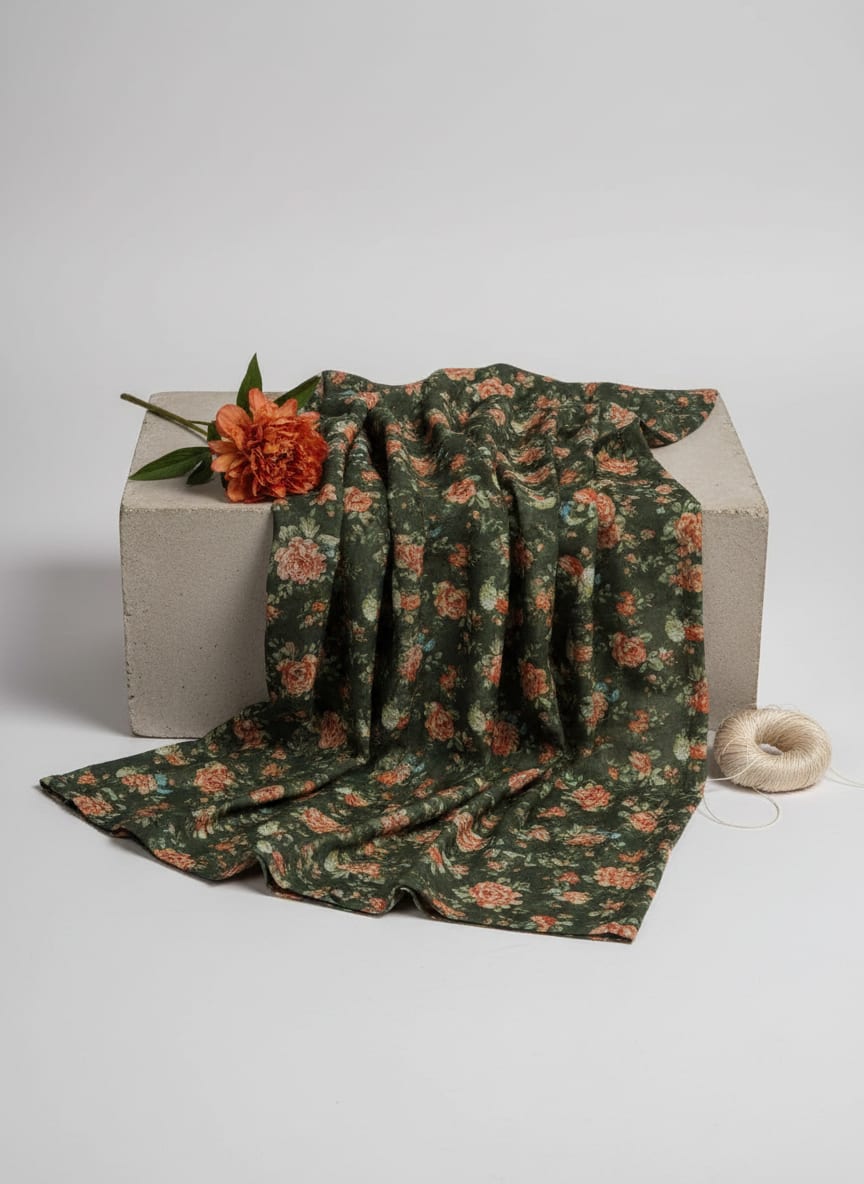 Vintage Rose Floral Print on Dark Green Muslin Fabric