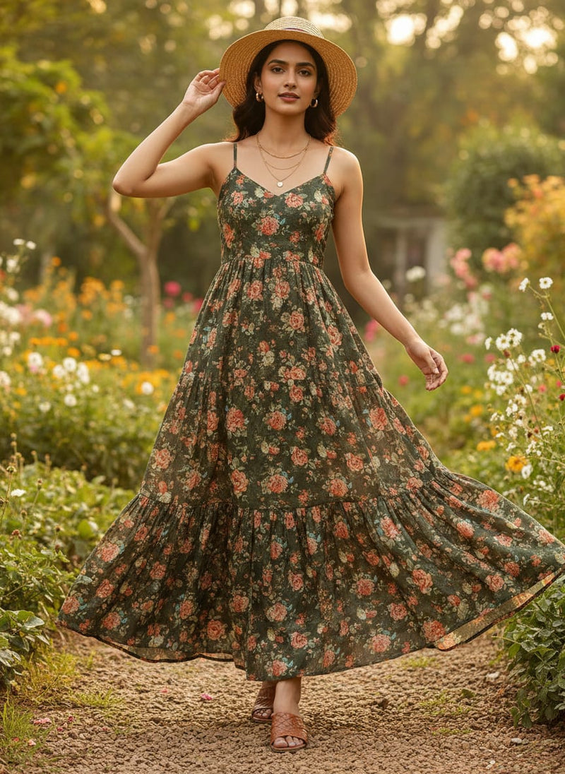 Vintage Rose Floral Print on Dark Green Muslin Fabric