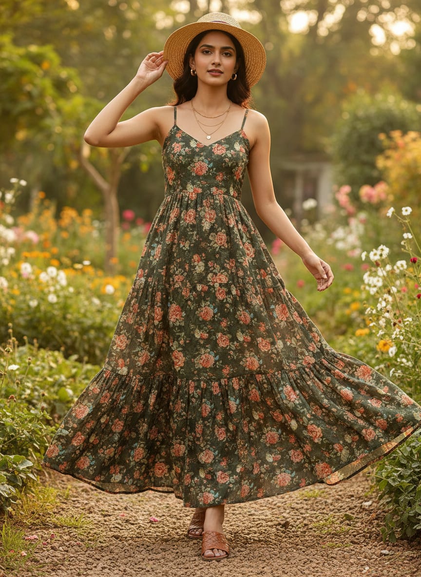 Vintage Rose Floral Print on Dark Green Muslin Fabric