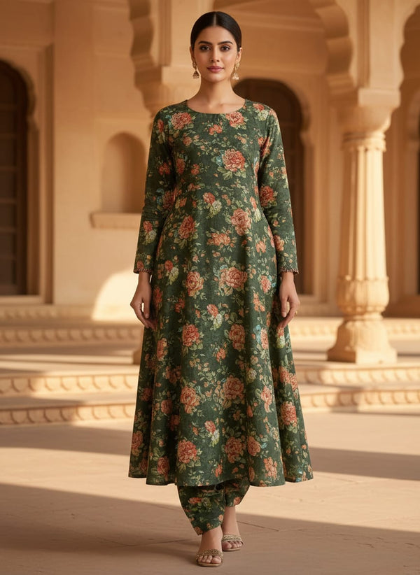 Vintage Rose Floral Print on Dark Green Muslin Fabric - A-Line Kurta with Salwar Lookbook - MU-0-MA023705-114 - alternate view