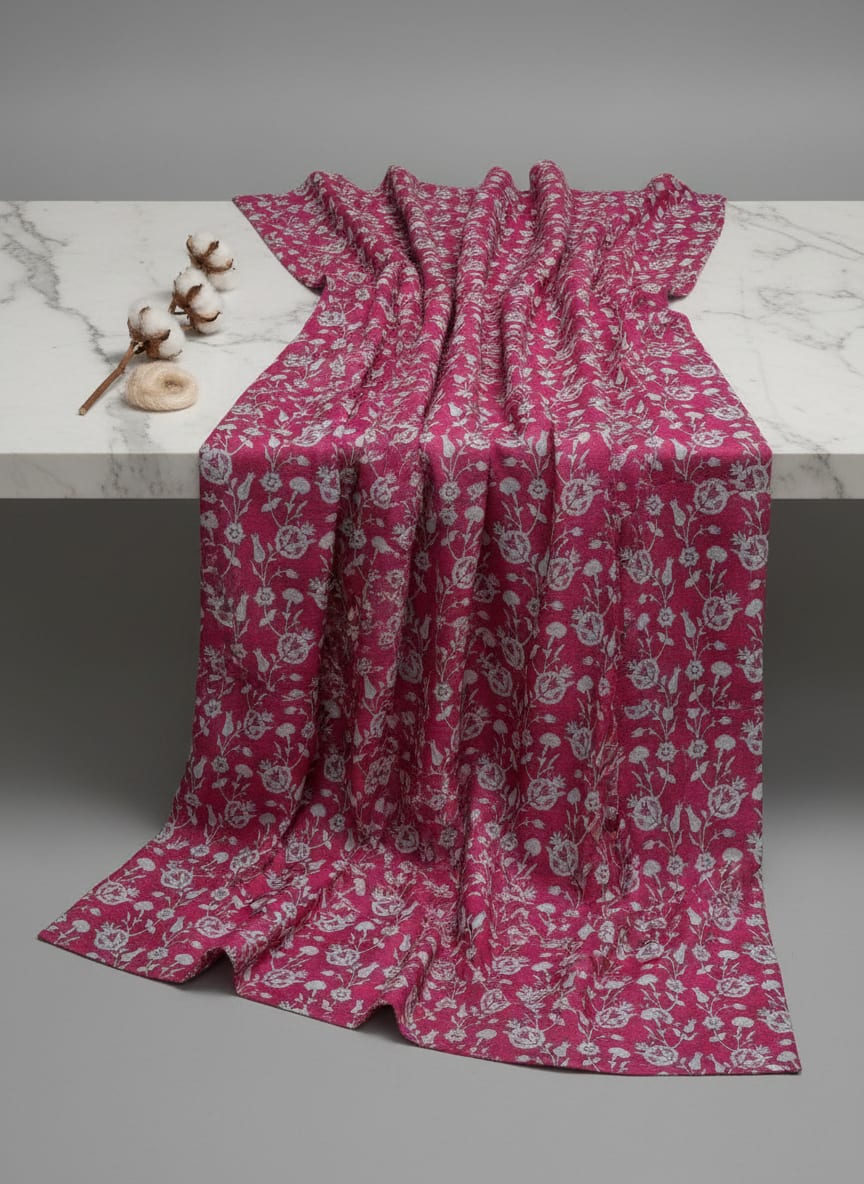Magenta Damask Floral Print Tusser Silk Fabric