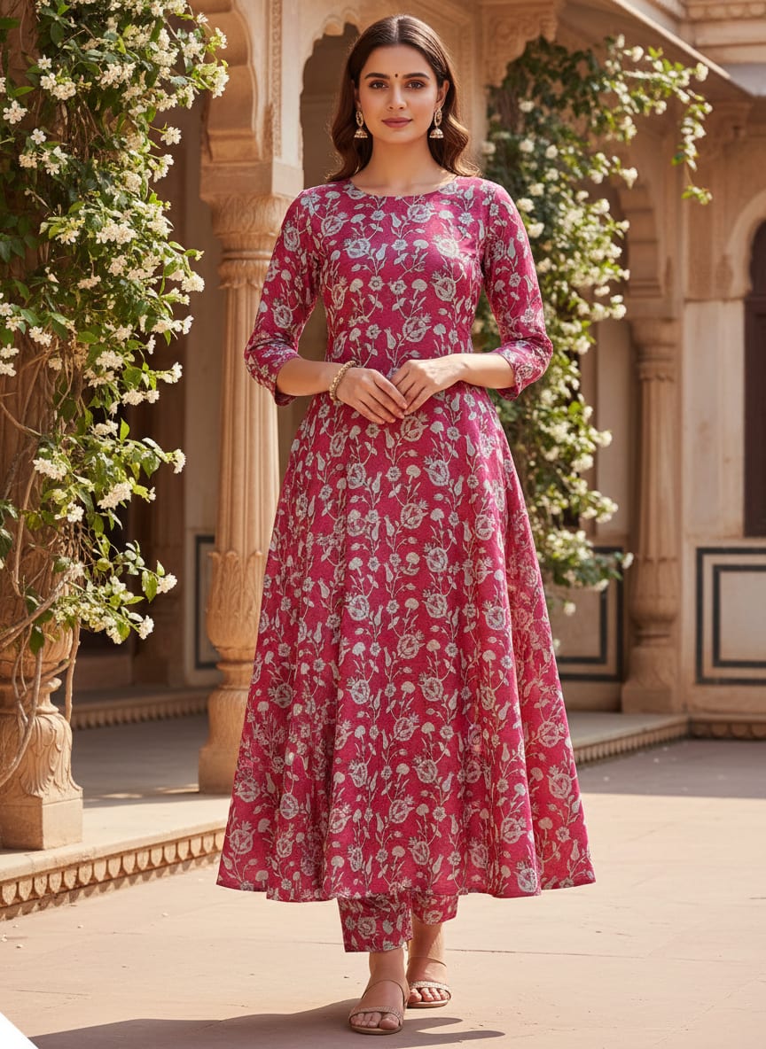 Magenta Damask Floral Print Tusser Silk Fabric