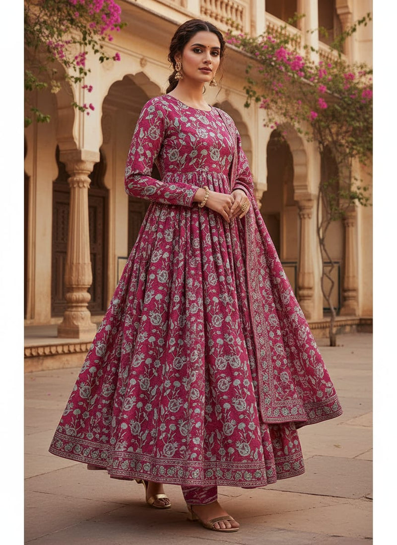 Magenta Damask Floral Print Tusser Silk Fabric