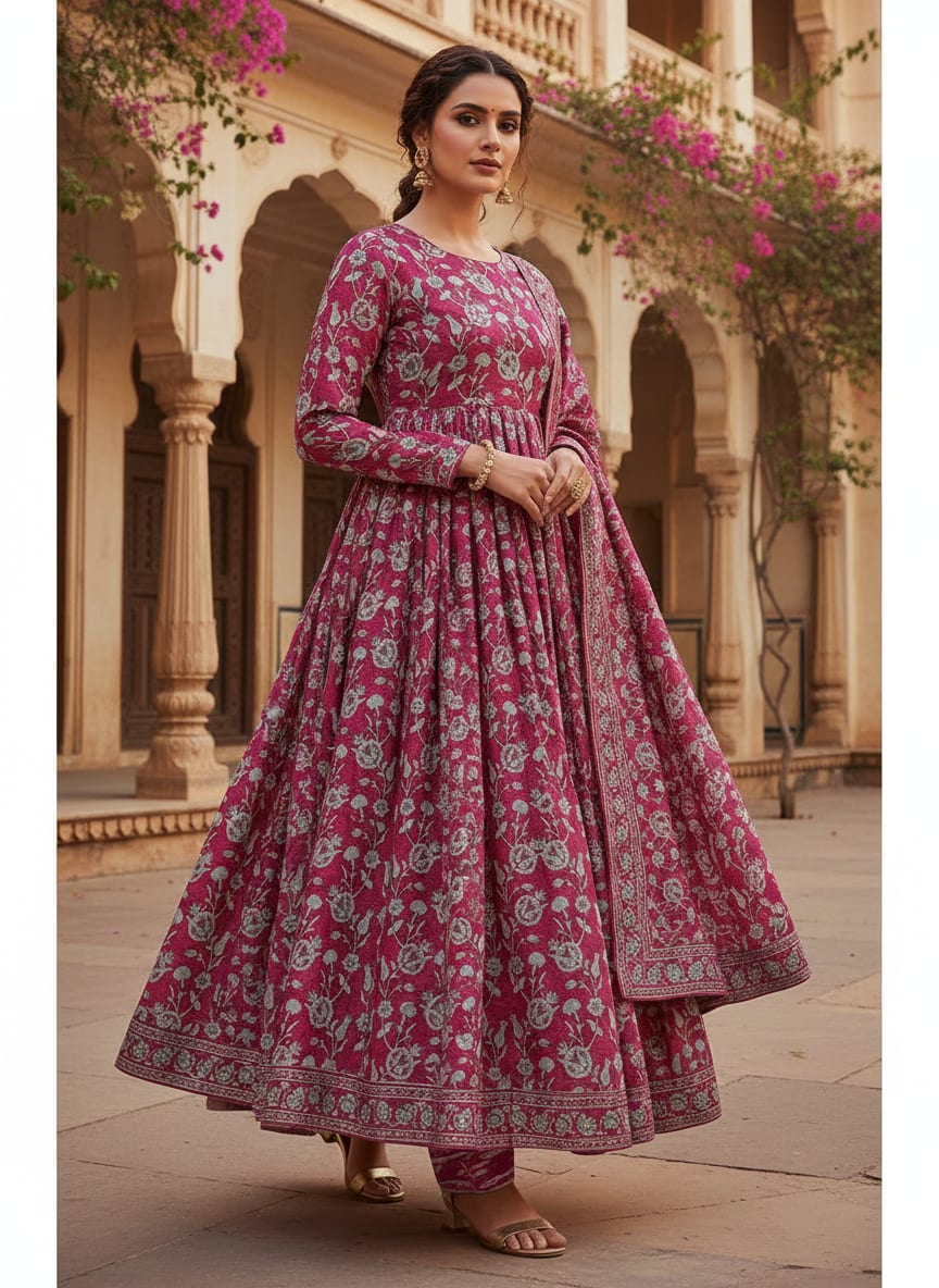 Magenta Damask Floral Print Tusser Silk Fabric