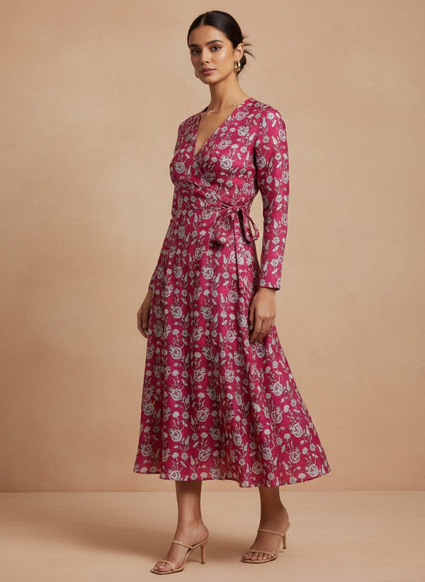 Magenta Damask Floral Print Tusser Silk Fabric - Wrap Dress Lookbook - TS-0-MA01018-110 - alternate view