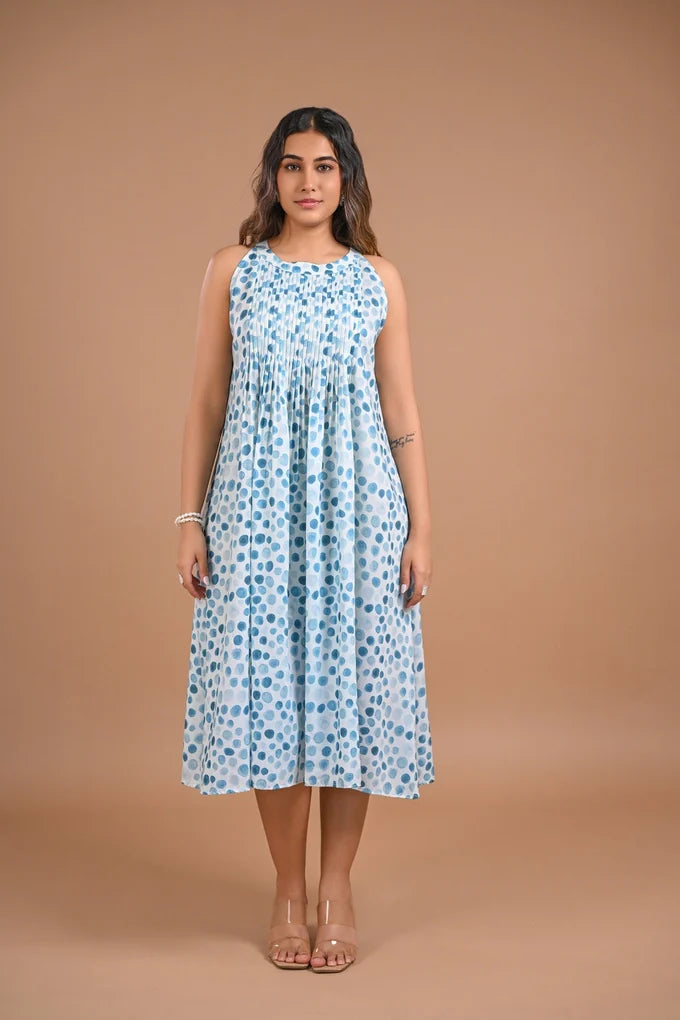 Pleated Blue Dot Midi Dress – 99.1
