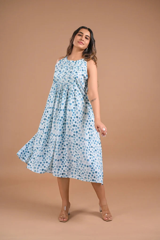 Pleated Blue Dot Midi Dress – 99.3