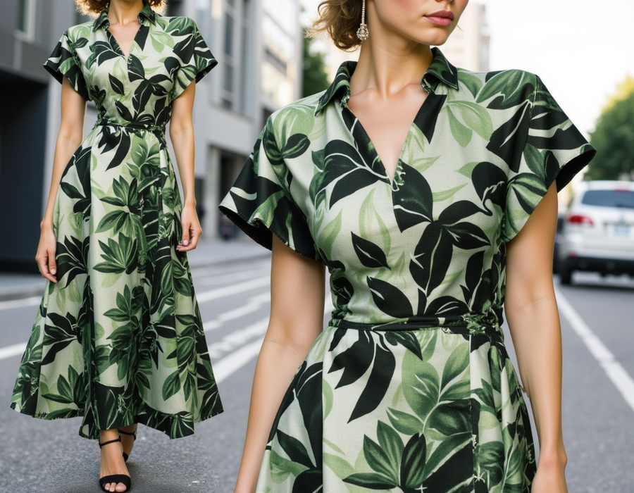 FAB VOGUE Studio Japan Satin Digital Printed Fabric - Green Floral Pattern