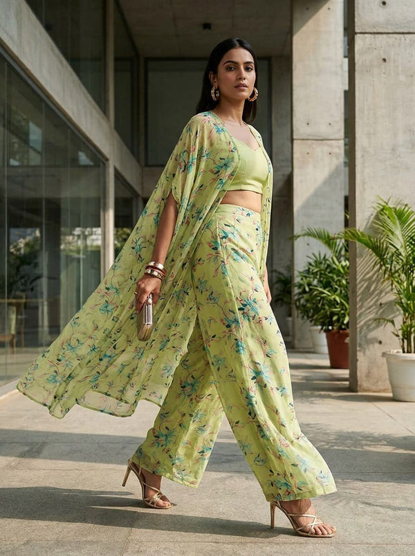 Yellow Watercolor Floral Vine Brasso Digital Printed Fabric - Cape with Palazzo Lookbook - BR-0-MA016473-108 - alternate view