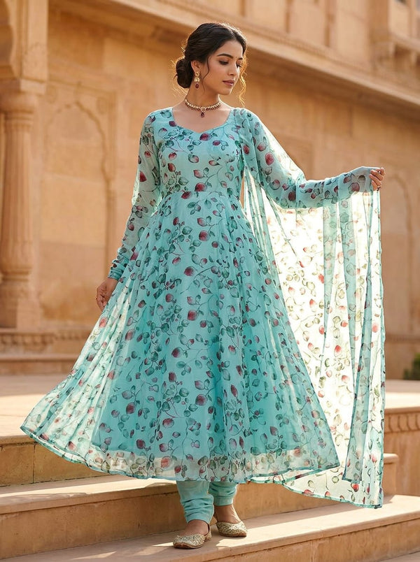 Blue Watercolor Eucalyptus Leaves Brasso Digital Printed Fabric - Anarkali Kurta Set Lookbook - BR-0-MA016480-108 - alternate view