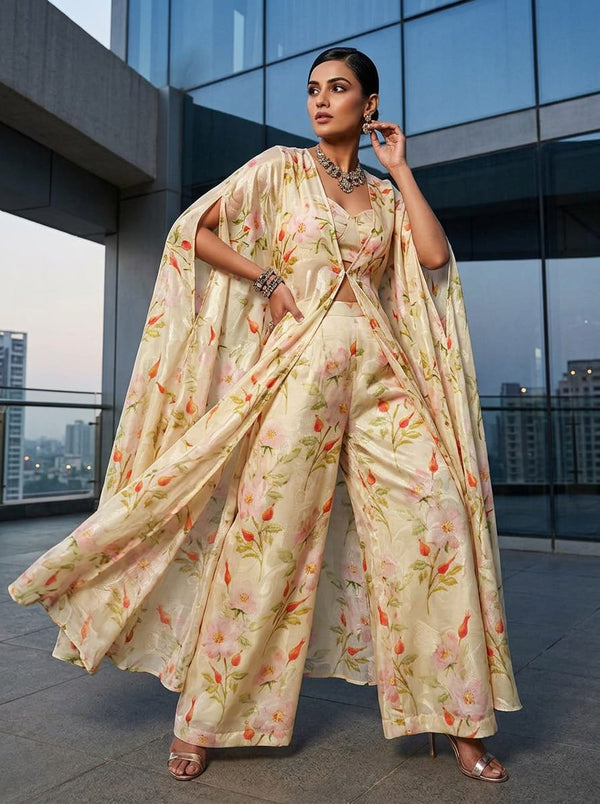 Cream Watercolor Rosehip Floral Brasso Digital Printed Fabric - Cape with Palazzo Lookbook - BR-0-MA02645-108 - alternate view