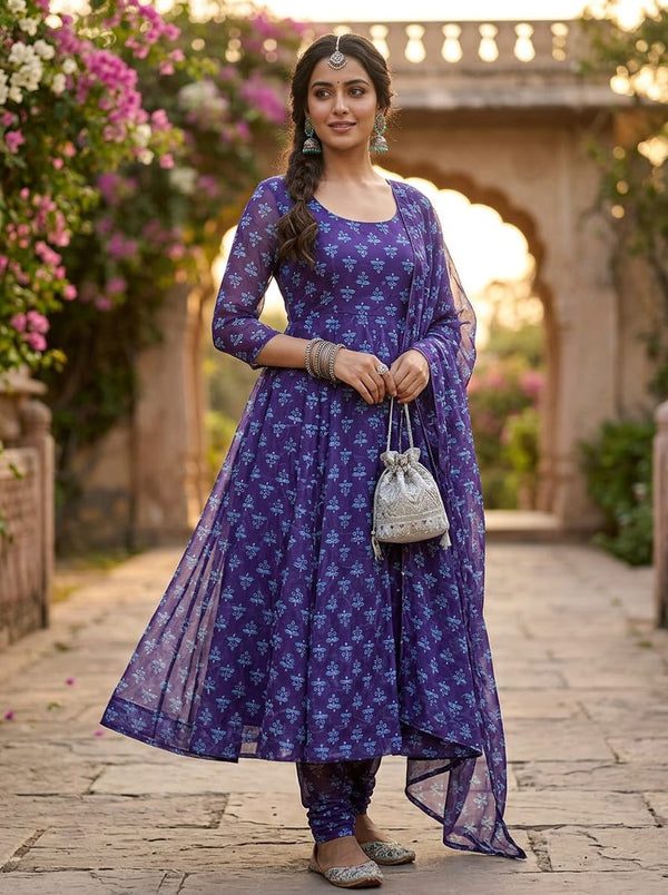 Purple Blue Botanical and Paisley Print Brasso Digital Printed Fabric - Anarkali Kurta Set Lookbook - BR-0-MA07897-108 - alternate view