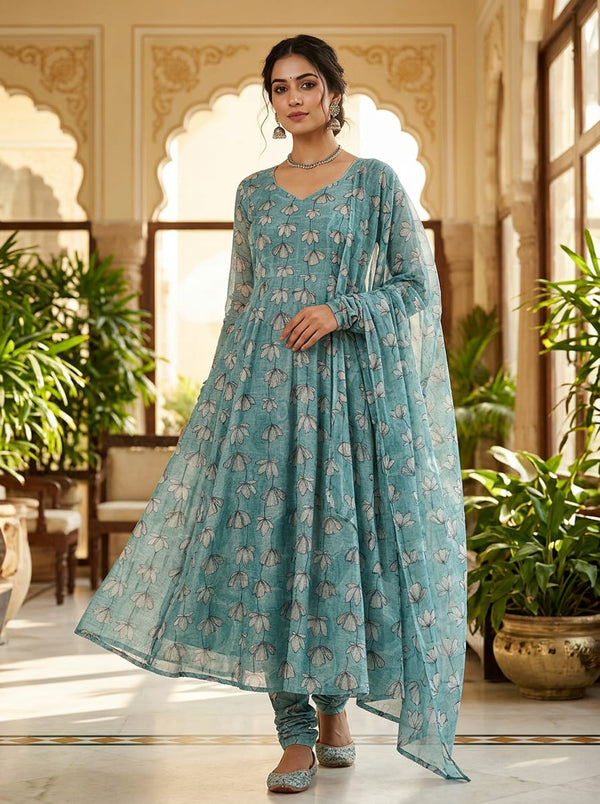 Teal Hanging Sketchy Floral Brasso Digital Printed Fabric - Anarkali Kurta Set Lookbook - BR-0-MA0898-108 - alternate view