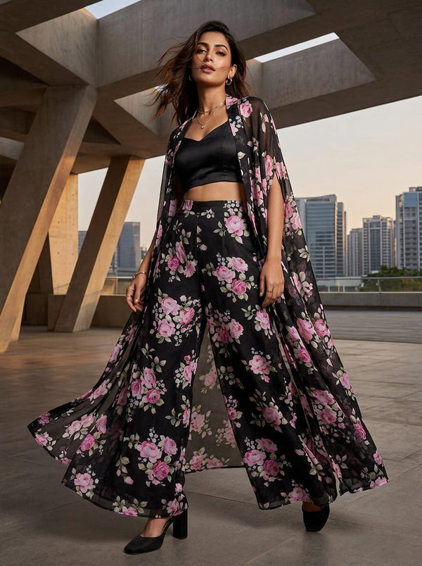 Black Pink Roses Floral Brasso Digital Printed Fabric - Cape with Palazzo Lookbook - BR-0-PA7129-108 - alternate view