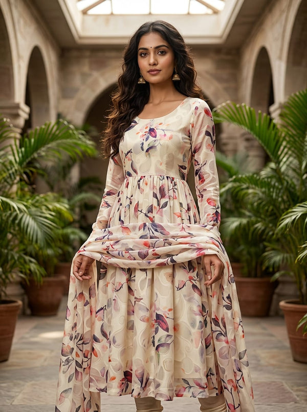 Multicolor Watercolor Floral and Paisley Brasso Digital Printed Fabric - Anarkali Kurta Set Lookbook - BR-0-TA07145-108 - alternate view